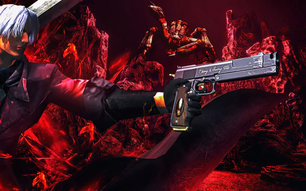 Dante (Devil May Cry) aims a silver handgun amid hellish red caverns — 4K Ultra HD PC desktop wallpaper/background from the Devil May Cry video game.