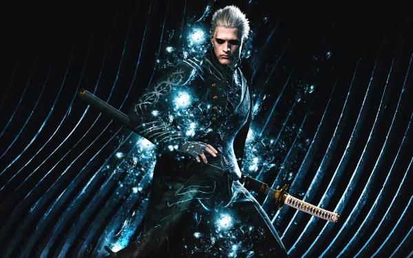 Vergil from Devil May Cry 5 stands wielding the Yamato sword, surrounded by glowing blue energy in this 4K Ultra HD PC desktop wallpaper.