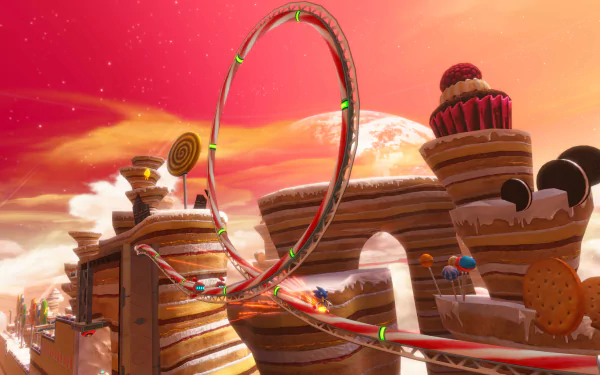 4K Ultra HD desktop wallpaper featuring a vibrant Sonic the Hedgehog scene from the video game Sonic Colors: Ultimate with colorful loops and a candy-themed landscape.