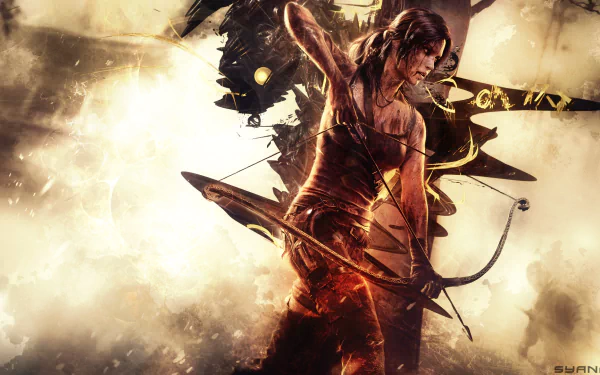 Lara Croft from the Tomb Raider (2013) video game in a dynamic, gritty HD PC desktop wallpaper: battle-damaged heroine with bow amid fiery debris.