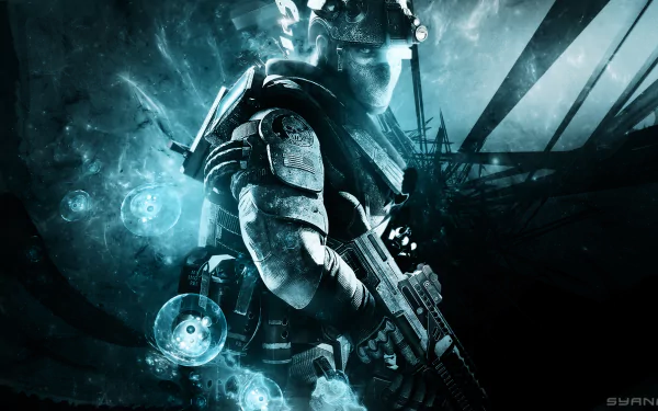 HD PC desktop wallpaper featuring a tactical soldier from Tom Clancy's Ghost Recon, set against a dark, smoky background with futuristic elements.