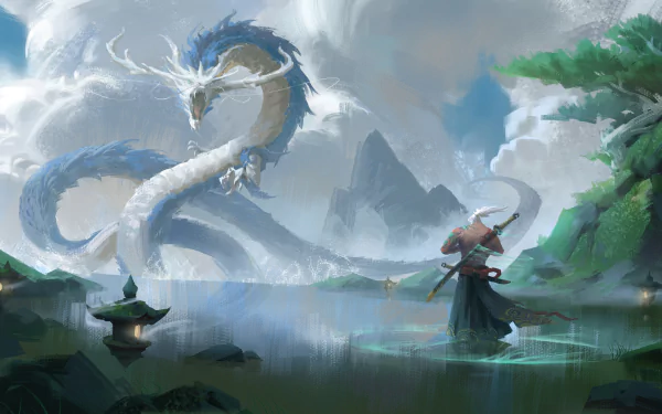 HD desktop wallpaper depicting a fantasy warrior samurai standing by a serene lake, gazing at a majestic Chinese dragon coiling in the sky, surrounded by lush greenery and towering mountains.