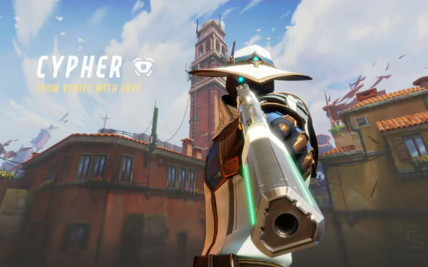 HD PC desktop wallpaper featuring Cypher from Valorant, showcasing the character aiming a weapon against a vibrant urban backdrop in the video game Valorant.