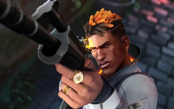 4K Ultra HD PC desktop wallpaper featuring Phoenix from the video game Valorant, aiming with focused intensity and vibrant, detailed character design.