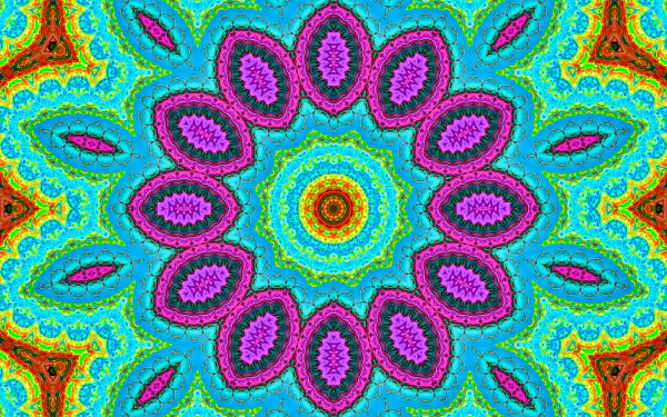 Colorful abstract kaleidoscope with concentric floral mandala in vivid pink, turquoise, yellow and orange — HD PC desktop wallpaper/background.