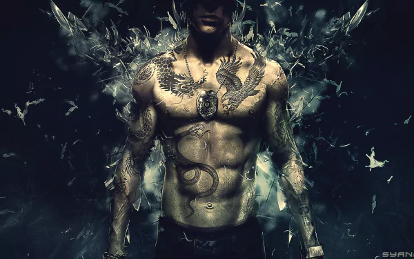 HD desktop wallpaper featuring a muscular, tattooed character from the video game Sleeping Dogs, with a dark, dramatic background and detailed body art.