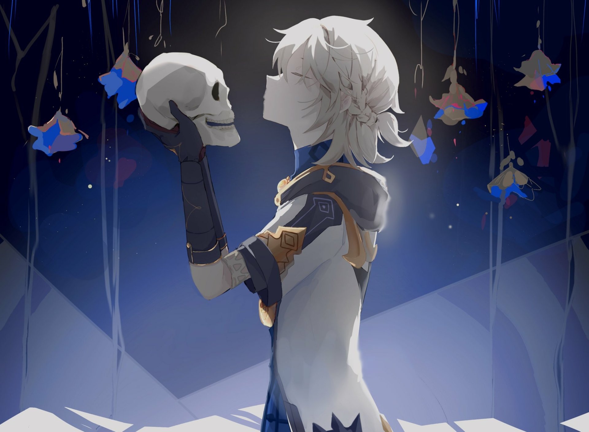 HD PC desktop wallpaper featuring Albedo from the video game Genshin Impact, holding a skull with butterfly-shaped decorations hanging in the background.