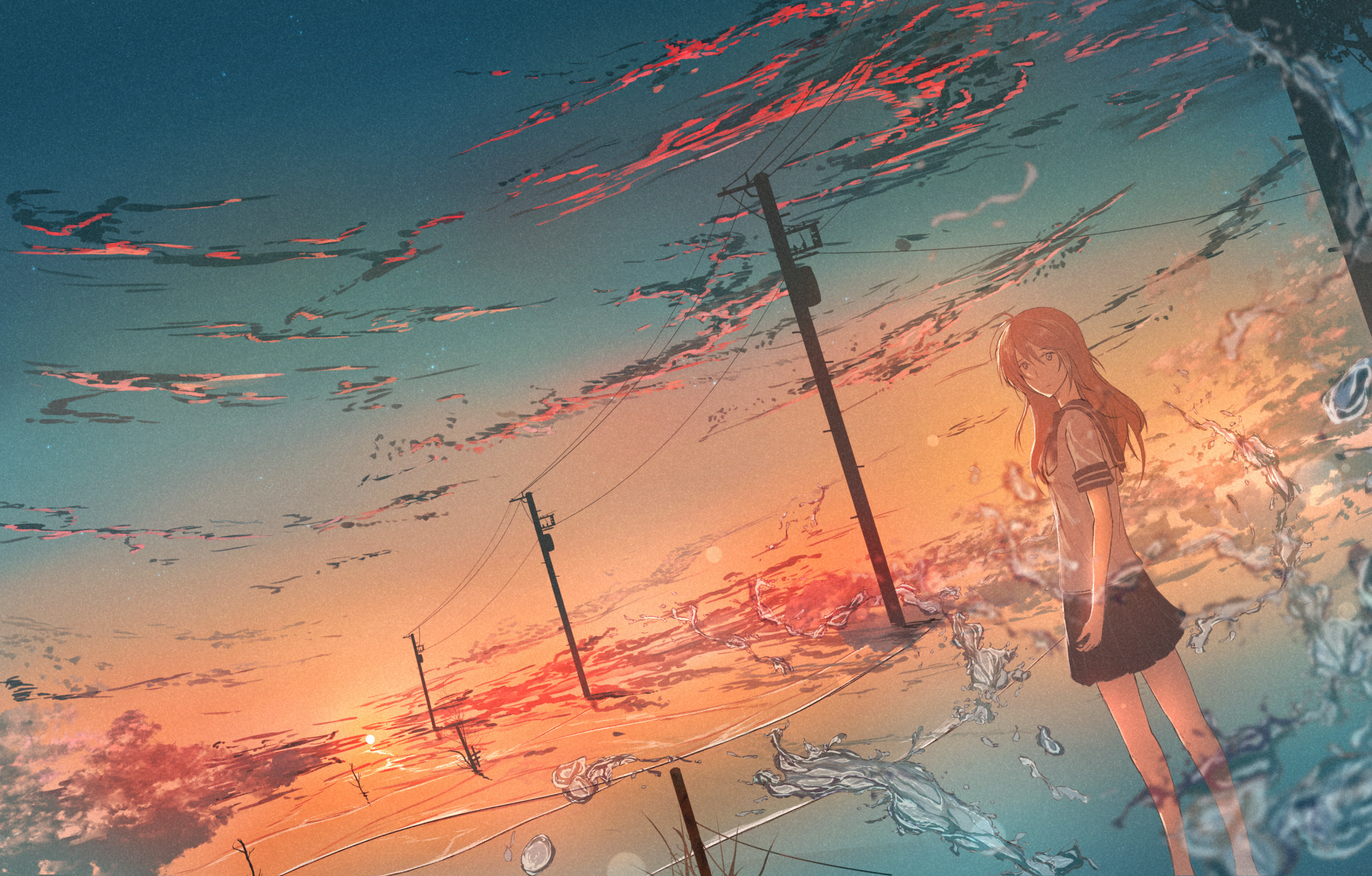 Anime girl in school uniform stands beneath power lines against a vibrant sunset sky, captured in an HD desktop wallpaper with a dreamy, painted anime style.
