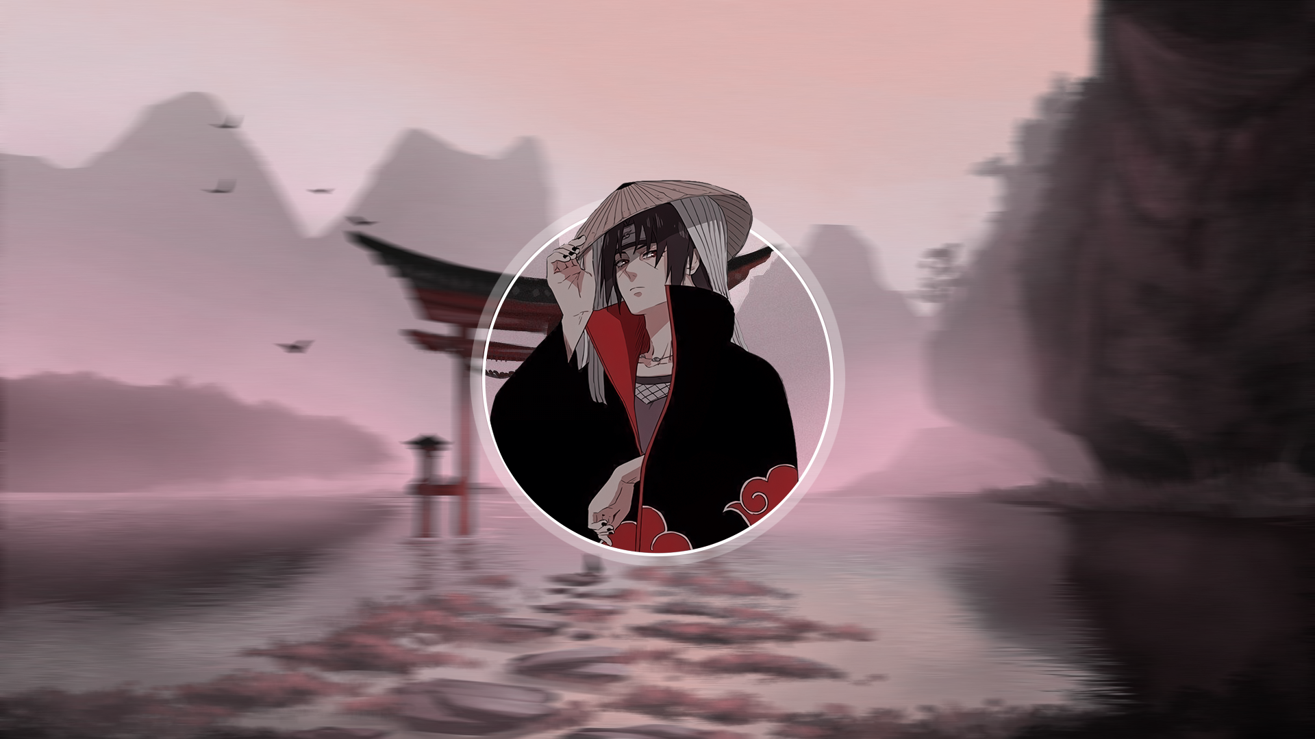 HD anime desktop wallpaper featuring Itachi Uchiha from Naruto, set against a serene, misty Japanese landscape with traditional architecture.
