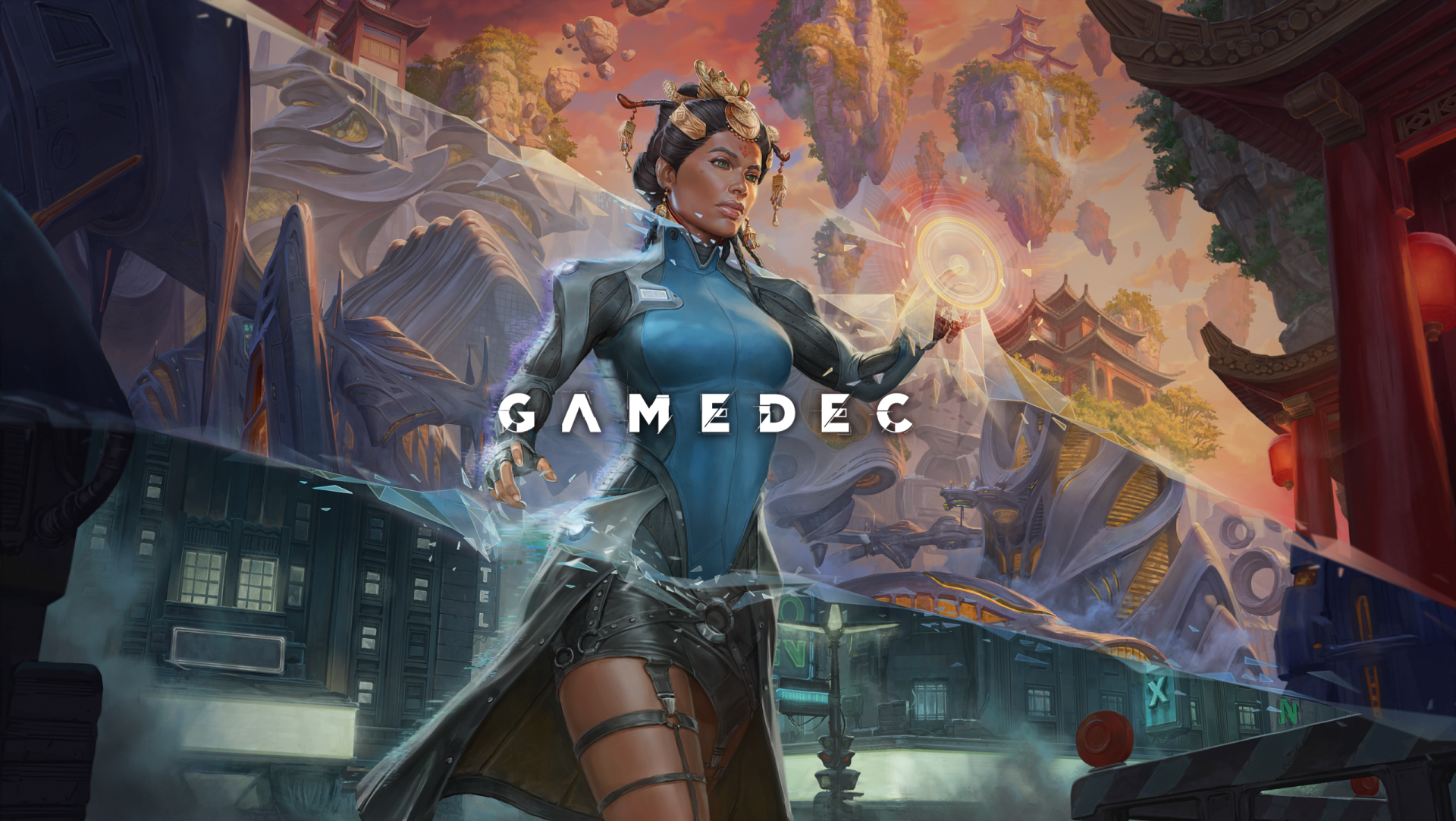 Gamedec HD desktop wallpaper featuring a futuristic female character with digital effects in an Asian-inspired fantasy setting.