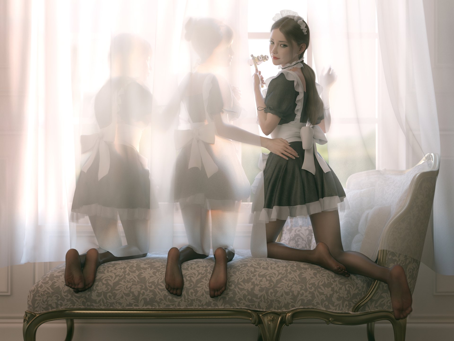 HD anime desktop wallpaper featuring a woman dressed as a maid posing on a cushioned bench in soft, diffused light with shadowy reflections in the background.