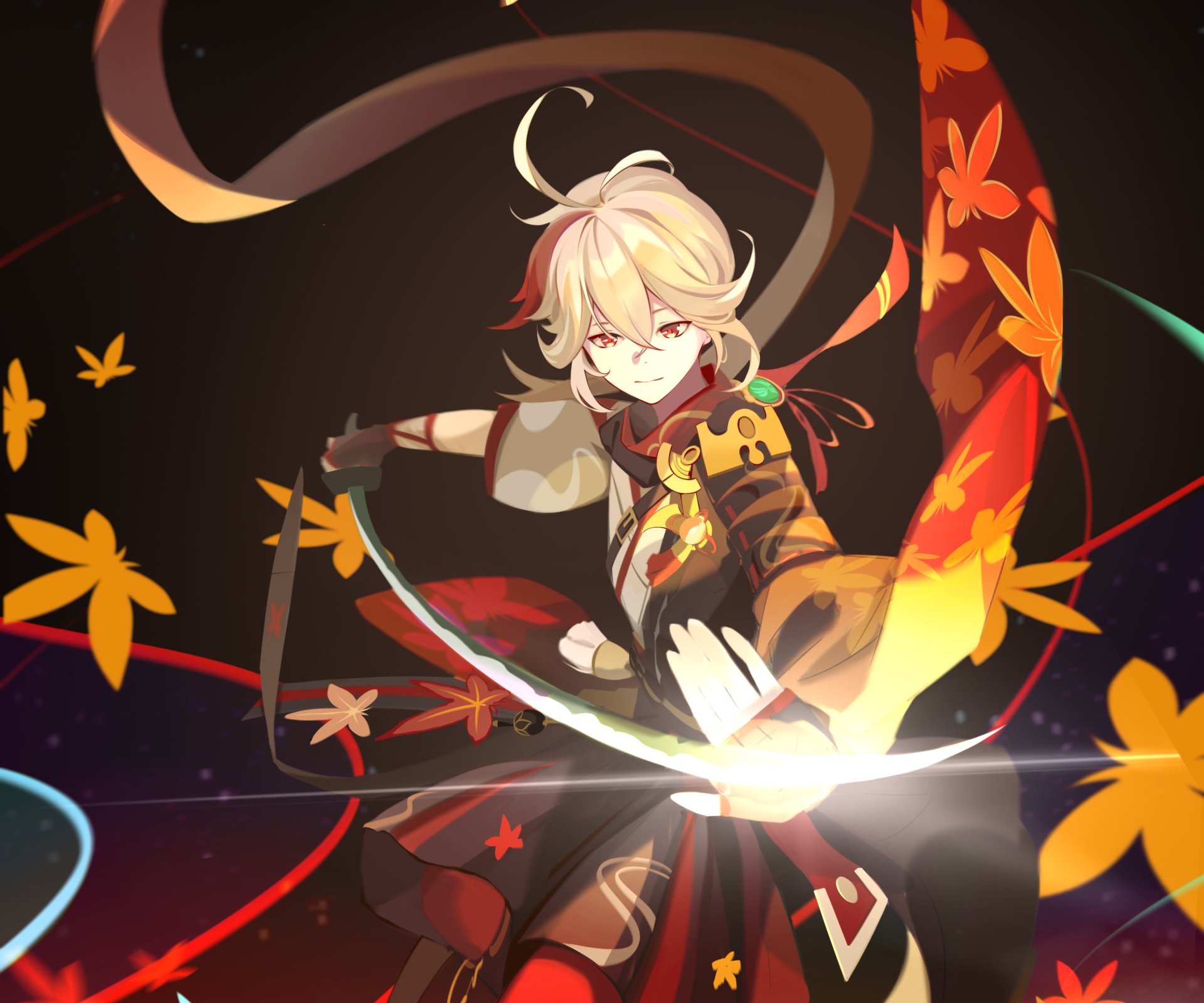 Kaedehara Kazuha from Genshin Impact wields his sword amid swirling autumn leaves in this vibrant 4K Ultra HD PC desktop wallpaper.