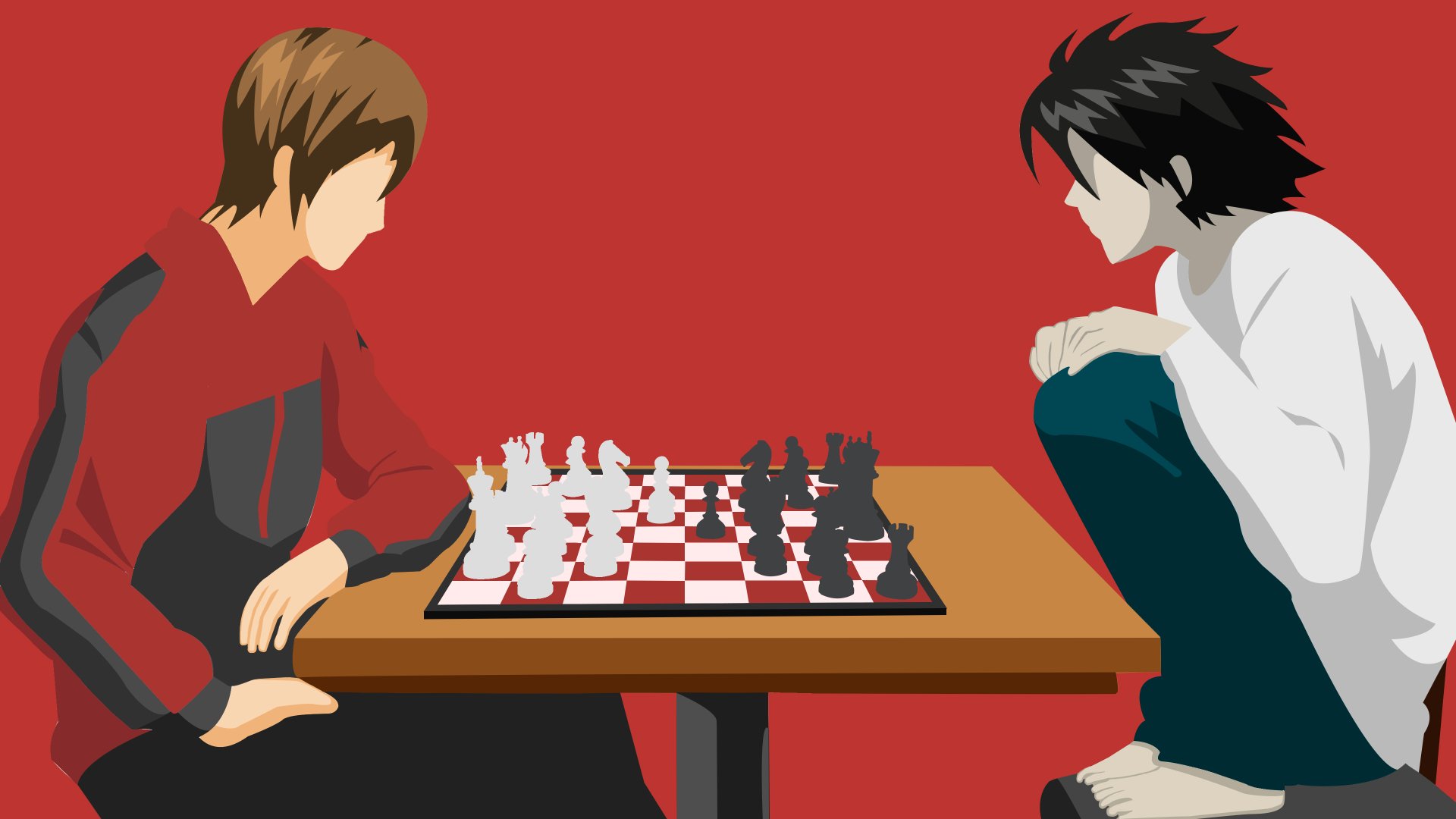4K anime desktop wallpaper of Light Yagami (Kira) and L from Death Note facing off over a chessboard against a bold red background.