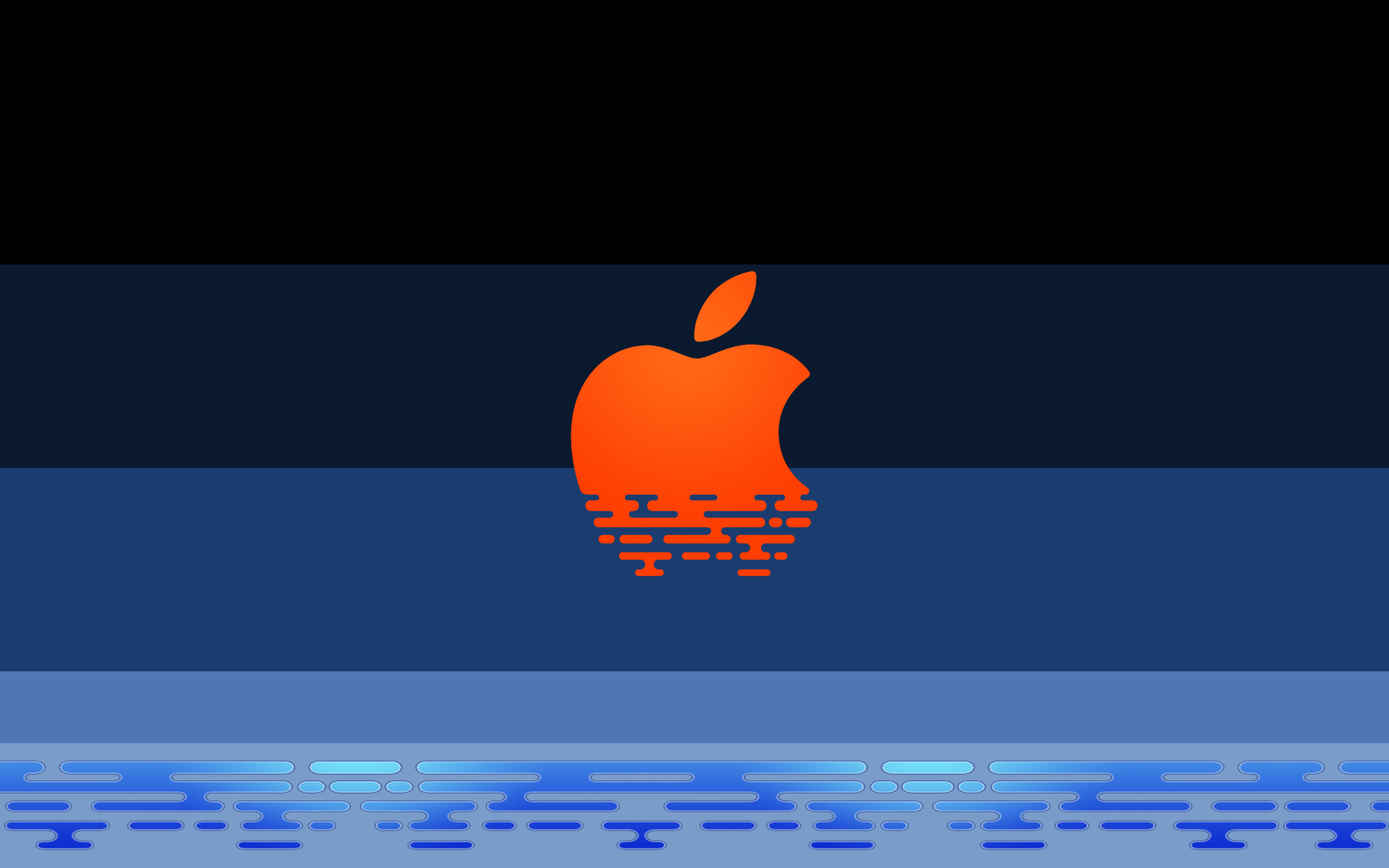 Apple Inc. logo in orange-red with a pixelated lower edge over layered blue stripes and a reflective water effect — 2K Quad HD PC desktop wallpaper/background themed on technology.
