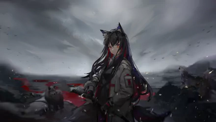 Texas from Arknights stands with her katana, black long hair, orange eyes, and wolf ears against a dark, stormy background in this HD PC desktop wallpaper.