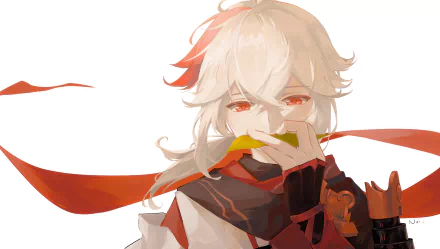 HD PC desktop wallpaper featuring Kaedehara Kazuha from the video game Genshin Impact, showcasing his distinctive white hair and red-accented outfit against a light background.