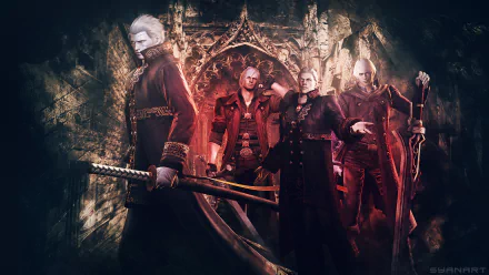 HD PC desktop wallpaper: Dante, Nero, Vergil and Sparda from the Devil May Cry 4 video game pose before a gothic arch, swords drawn amid red highlights and shadowed stone.