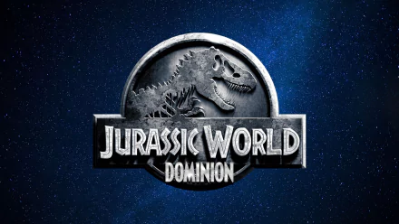 Jurassic World: Dominion movie logo centered on a starry blue background, HD PC desktop wallpaper.