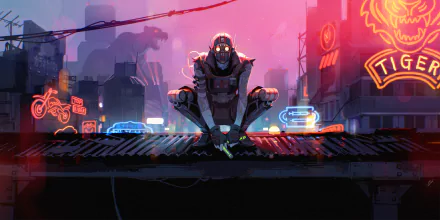 Octane from Apex Legends crouches on a neon-lit rooftop in a cyberpunk cityscape — HD PC desktop wallpaper and video game background