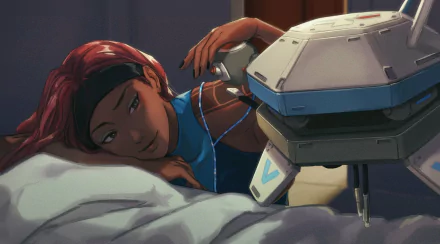 Lifeline from Apex Legends reclining on a bed, watching her blue-and-white D.O.C. heal drone hover nearby — stylized HD PC desktop wallpaper and background art.