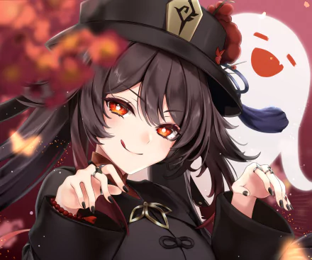 HD desktop wallpaper featuring Hu Tao from the video game Genshin Impact. The character is smiling playfully with a ghost in the background, set against a vibrant, autumn-themed backdrop.