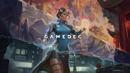 Gamedec HD desktop wallpaper featuring a futuristic female character with digital effects in an Asian-inspired fantasy setting.