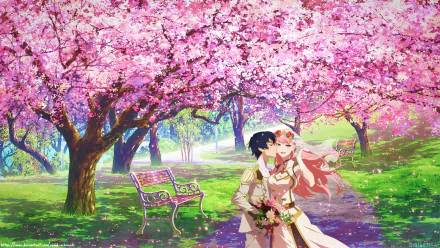 Anime-themed HD wallpaper featuring Zero Two and Hiro from Darling in the FranXX sharing a kiss under vibrant cherry blossom trees.