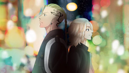 HD image of Ken Ryuguji and Mikey Manjiro Sano from Tokyo Revengers. The characters stand back-to-back against a colorful, bokeh-lit background.