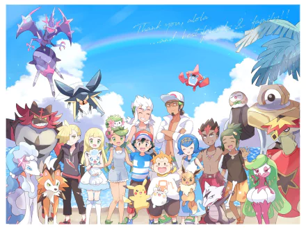 HD anime-style Pokémon desktop wallpaper featuring Ash and his friends alongside various Pokémon under a bright blue sky with a rainbow.