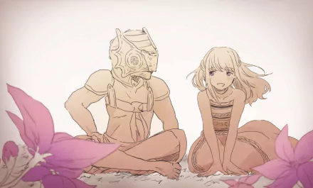 HD PC desktop wallpaper featuring Rean Cropp and Gugu from the anime To Your Eternity, surrounded by soft pink flowers in a gentle, pastel-toned scene.