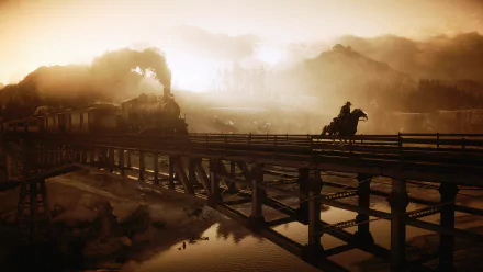 Sepia dusk scene from Red Dead Redemption 2: a lone rider gallops across a wooden bridge past a steam train — 2K Quad HD PC desktop wallpaper/background.