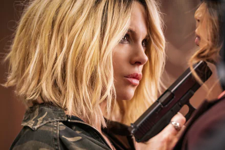 HD PC desktop wallpaper featuring Kate Beckinsale as Lindy from the movie Jolt, showcasing an intense close-up with a gun in a dramatic scene.