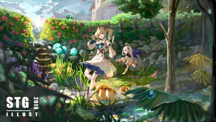 HD PC desktop wallpaper featuring Barbara, Paimon, and a Slime from the video game Genshin Impact in a vibrant garden setting.