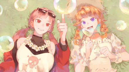 HD PC desktop wallpaper featuring hololive Virtual YouTubers Takanashi Kiara and Mori Calliope surrounded by bubbles in a soft, pastel anime style.