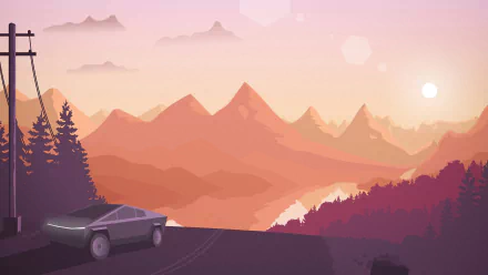 Minimalist 8K Ultra HD wallpaper featuring a Tesla Cybertruck on a winding road overlooking a serene mountain landscape at sunset.