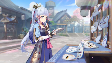 Kamisato Ayaka from Genshin Impact stands in a vibrant village scene, holding a brush near a table displaying painted fox masks in this HD PC desktop wallpaper.