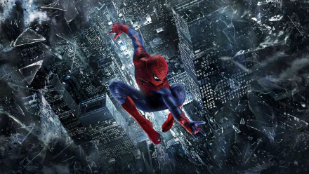 HD desktop wallpaper featuring Spider-Man descending through a high-rise cityscape, from the movie The Amazing Spider-Man.