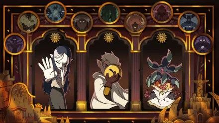 HD desktop wallpaper featuring Kikimora, The Golden Guard, Hunter, and Lilith Clawthorne from the TV show The Owl House in a stylized, ornate setting.