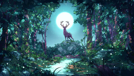 Fantasy scene of a majestic deer with glowing antlers standing on a rock under a bright full moon in a mystical forest, captured in stunning 4K Ultra HD PC desktop wallpaper quality.