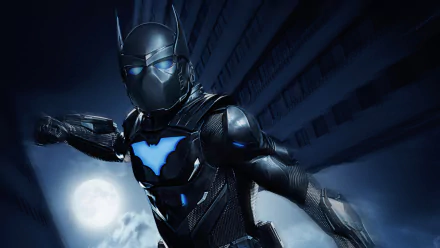 HD PC desktop wallpaper of Luke Fox as Batwing from the TV show Batwoman, in a black-and-blue armored suit with glowing bat emblem, leaping against a moonlit cityscape background.