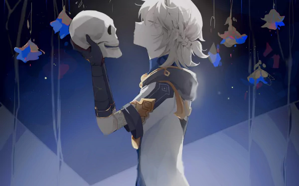 HD PC desktop wallpaper featuring Albedo from the video game Genshin Impact, holding a skull with butterfly-shaped decorations hanging in the background.