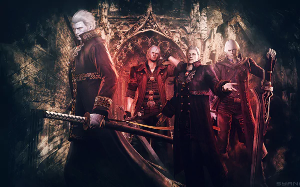 HD PC desktop wallpaper: Dante, Nero, Vergil and Sparda from the Devil May Cry 4 video game pose before a gothic arch, swords drawn amid red highlights and shadowed stone.