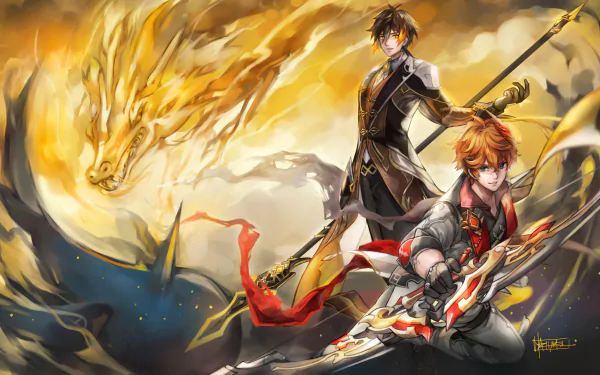 Zhongli (Genshin Impact) Tartaglia Childe (Genshin Impact) Rex Lapis video game Genshin Impact HD Desktop Wallpaper | Background Image