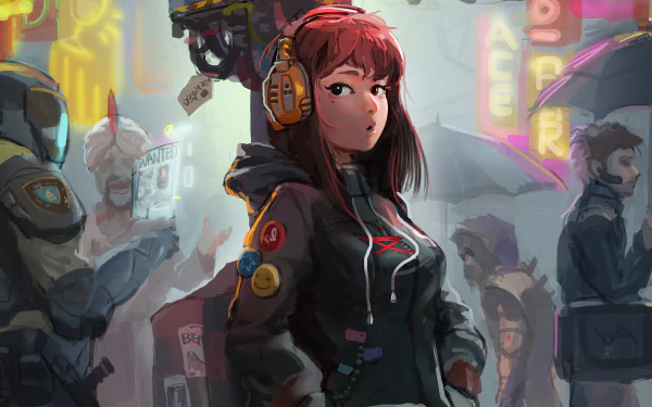 Futuristic cyberpunk scene with a red-haired girl wearing headphones amidst a neon-lit city street, rendered as a 4K Ultra HD PC desktop wallpaper.
