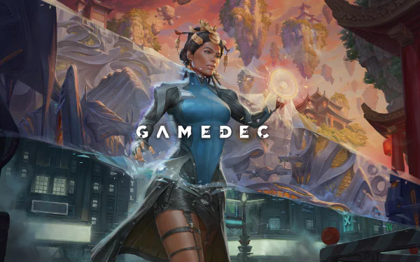 Gamedec HD desktop wallpaper featuring a futuristic female character with digital effects in an Asian-inspired fantasy setting.