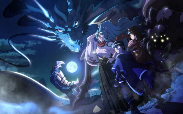 HD PC desktop wallpaper featuring Makoto Misumi, Tomoe, and Mio from the anime Tsukimichi: Moonlit Fantasy with a glowing blue dragon and moonlit night background.