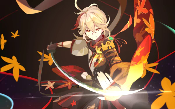 Kaedehara Kazuha from Genshin Impact wields his sword amid swirling autumn leaves in this vibrant 4K Ultra HD PC desktop wallpaper.