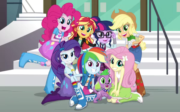 Rarity (My Little Pony) Fluttershy (My Little Pony) Pinkie Pie Rainbow Dash Applejack (My Little Pony) Spike (My Little Pony) Sunset Shimmer Sci-Twi (My Little Pony) movie My Little Pony: Equestria Girls - Friendship Games HD Desktop Wallpaper | Background Image
