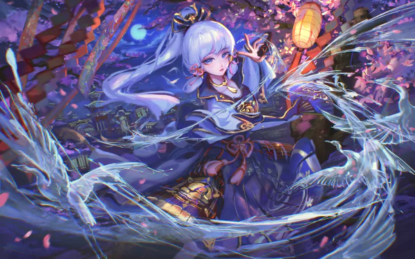 Kamisato Ayaka from Genshin Impact in a dynamic pose with water effects, surrounded by cherry blossoms and lanterns, showcased in a vibrant 4K Ultra HD PC wallpaper.