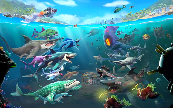4K Ultra HD Hungry Shark World wallpaper featuring a vibrant underwater scene with diverse sharks, sea creatures, and a submarine, inspired by the Hungry Shark video game.